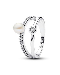 Treated Freshwater Cultured Pearl & Pave Double Band Ring